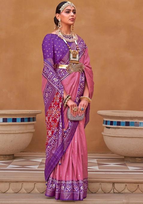 Pink Embroidered Silk Saree Set