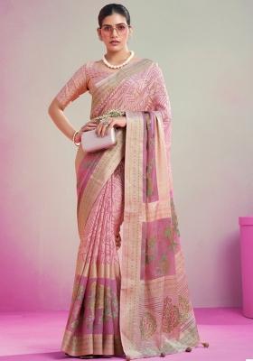 Pink Embroidered Brasso Saree Set