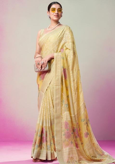 Yellow Embroidered Brasso Saree Set