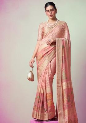 Peach Embroidered Brasso Saree Set