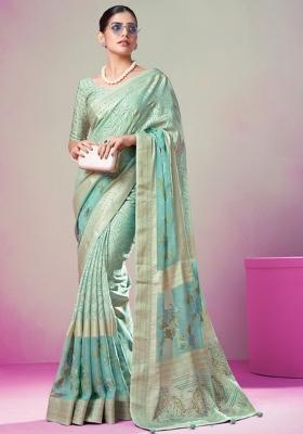 Sky Blue Embroidered Brasso Saree Set