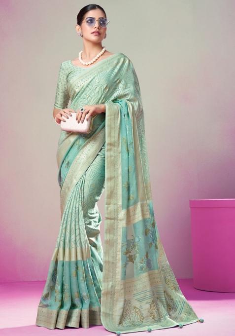 Sky Blue Embroidered Brasso Saree Set