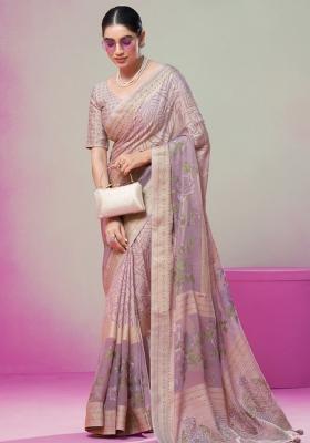 Purple Embroidered Brasso Saree Set
