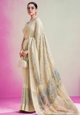 Cream Embroidered Brasso Saree Set