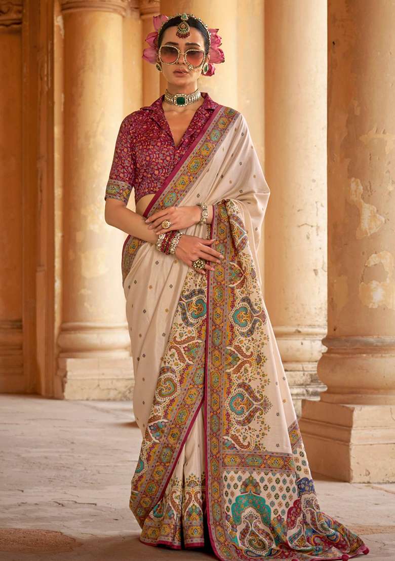 Cream Embroidered Silk Blend Saree Set - Indya