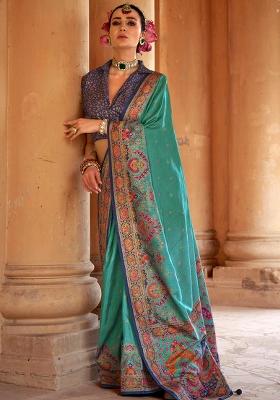 Sky Blue Embroidered Silk Saree Set