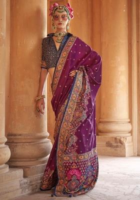 Purple Embroidered Silk Saree Set