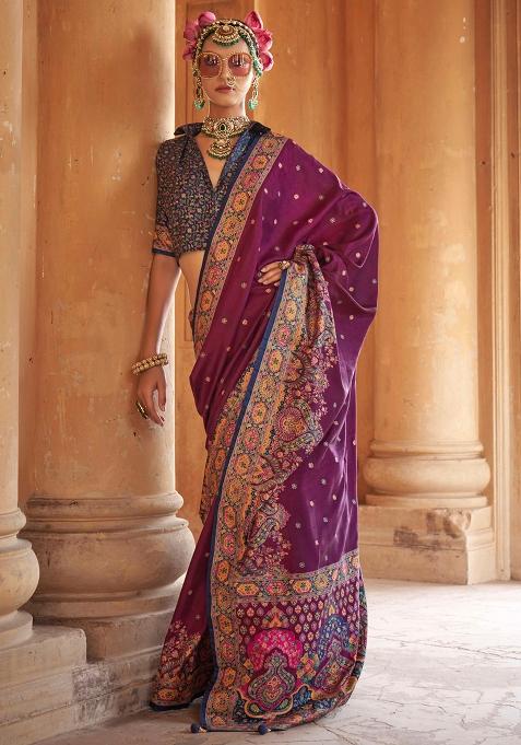 Purple Embroidered Silk Saree Set