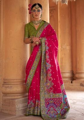 Pink Embroidered Silk Saree Set