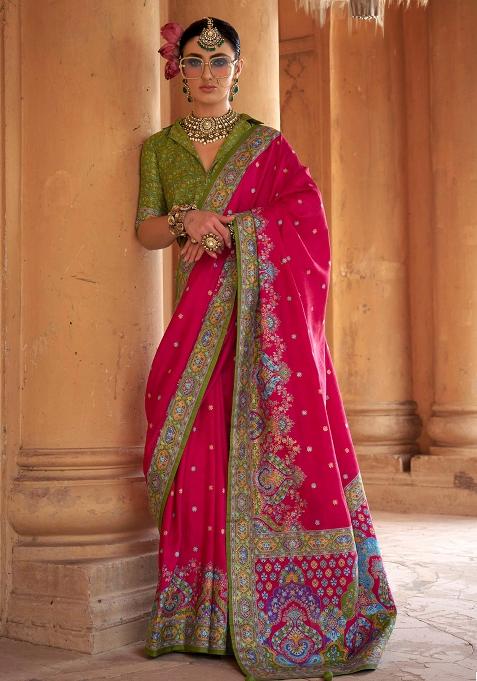 Pink Embroidered Silk Saree Set