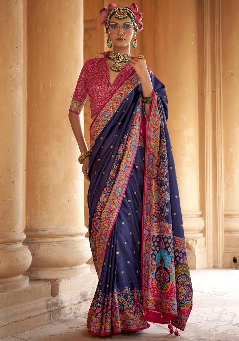 Blue Embroidered Silk Saree Set