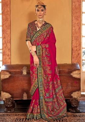 Pink Embroidered Silk Saree Set