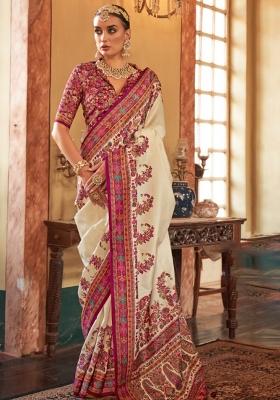 Cream Embroidered Silk Blend Saree Set