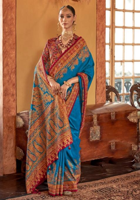 Sky Blue Embroidered Silk Saree Set