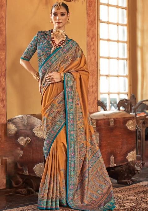 Yellow Embroidered Silk Saree Set