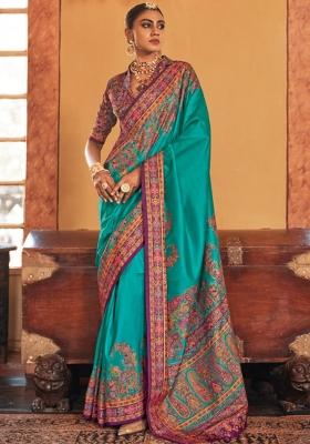 Sky Blue Embroidered Silk Saree Set
