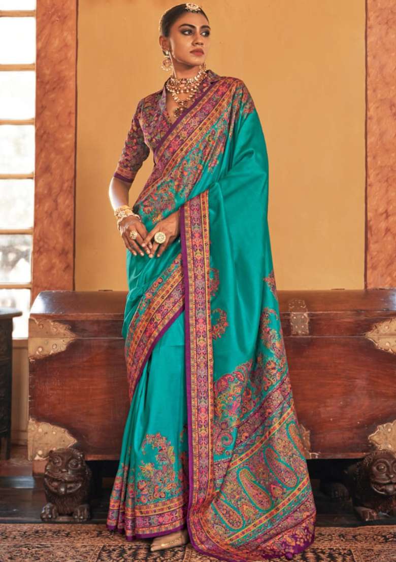 Sky Blue Embroidered Silk Blend Saree Set - Indya
