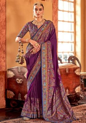 Purple Embroidered Silk Saree Set