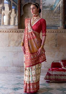 Cream Embroidered Silk Saree Set