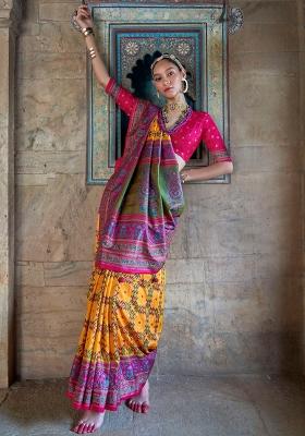 Yellow Embroidered Silk Saree Set