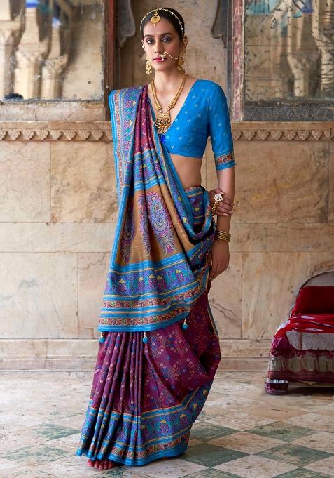 Wine Embroidered Silk Saree Set