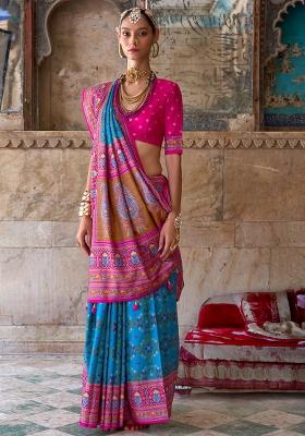 Sky Blue Embroidered Silk Saree Set