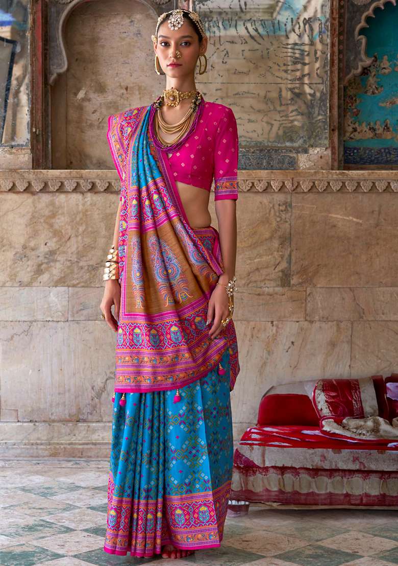 Sky Blue Embroidered Silk Blend Saree Set - Indya