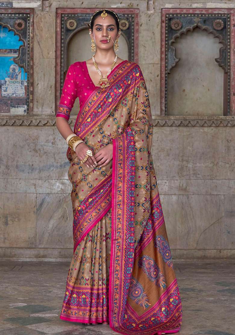 Brown Embroidered Silk Blend Saree Set - Indya