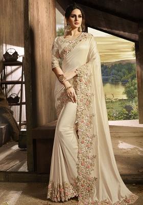 White Embroidered Silk Saree Set