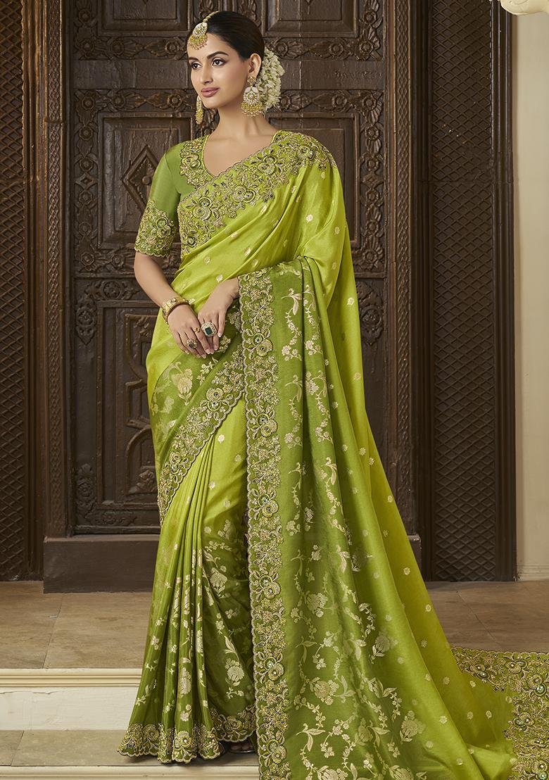 Green Embroidered Silk Saree Set