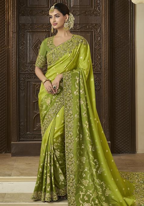 Green Embroidered Silk Saree Set