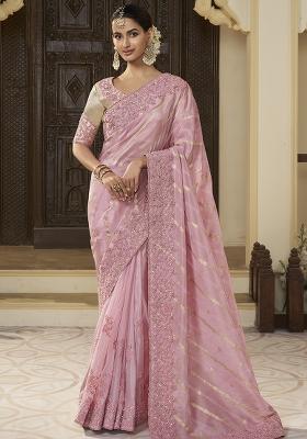 Pink Embroidered Silk Saree Set