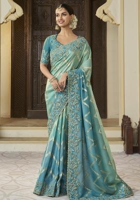 Sky Blue Embroidered Silk Saree Set