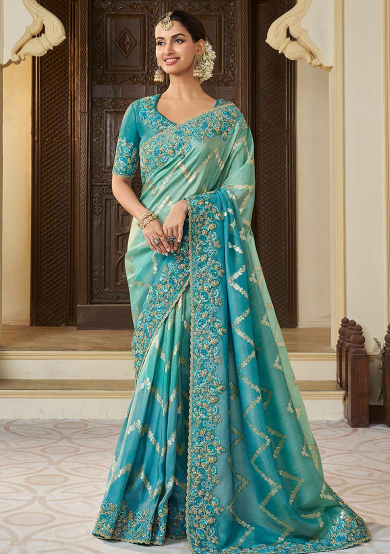 Sky Blue Embroidered Silk Blend Saree Set - Indya