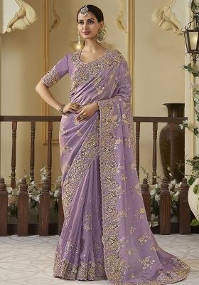 Purple Embroidered Silk Saree Set