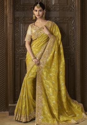 Yellow Embroidered Silk Saree Set