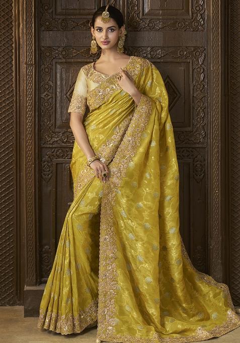 Yellow Embroidered Silk Saree Set