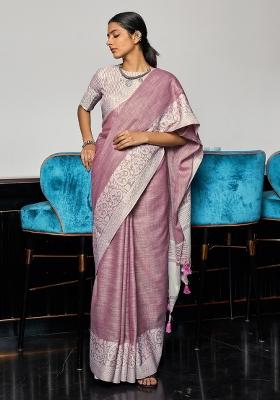 Purple Embroidered linen Saree Set