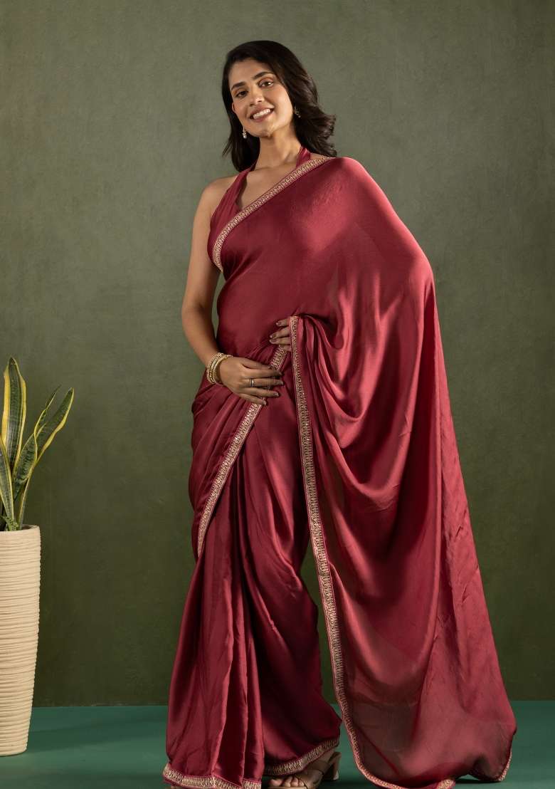 Maroon chiffon Saree Set with Printed for Diwali | Wedding & Festive Wear - Indya