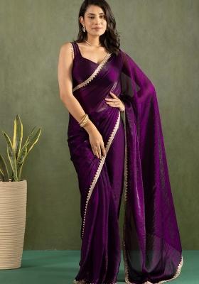 Purple Printed chiffon Saree Set