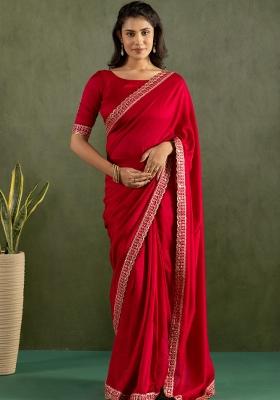 Red Printed chiffon Saree Set