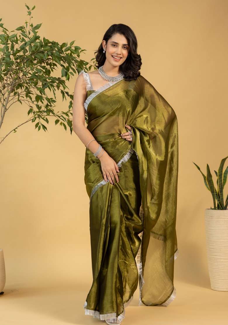 Green Printed chiffon Saree Set for Diwali and Festive Wear - Indya