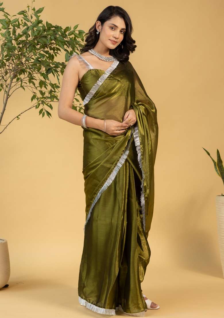 Green Printed chiffon Saree Set for Diwali and Festive Wear - Indya