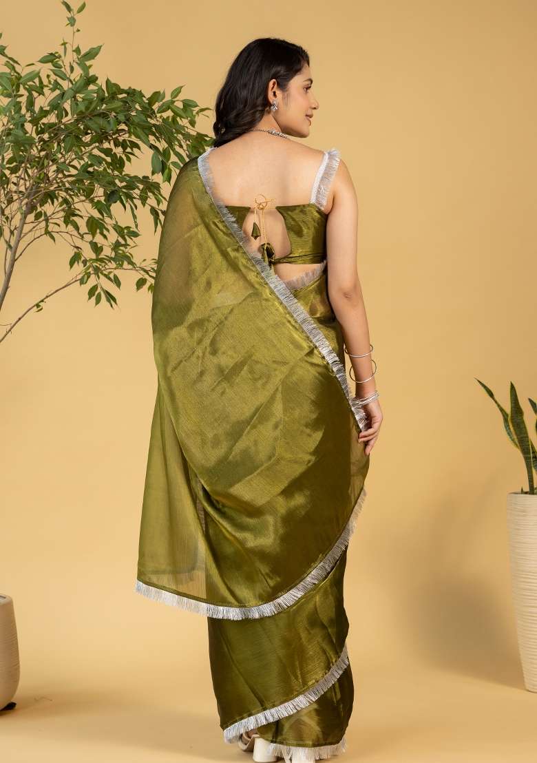 Green Printed chiffon Saree Set for Diwali and Festive Wear - Indya