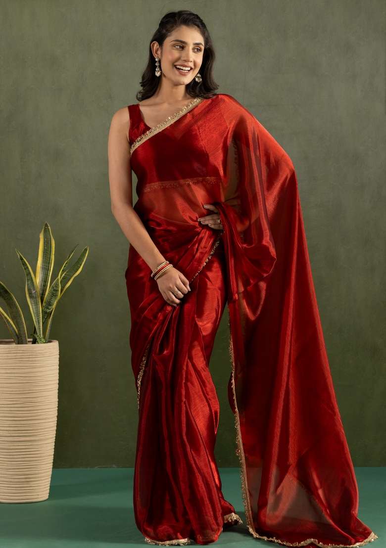 Red Chiffon Saree Set with Printed for Diwali | Wedding & Festive Wear - Indya