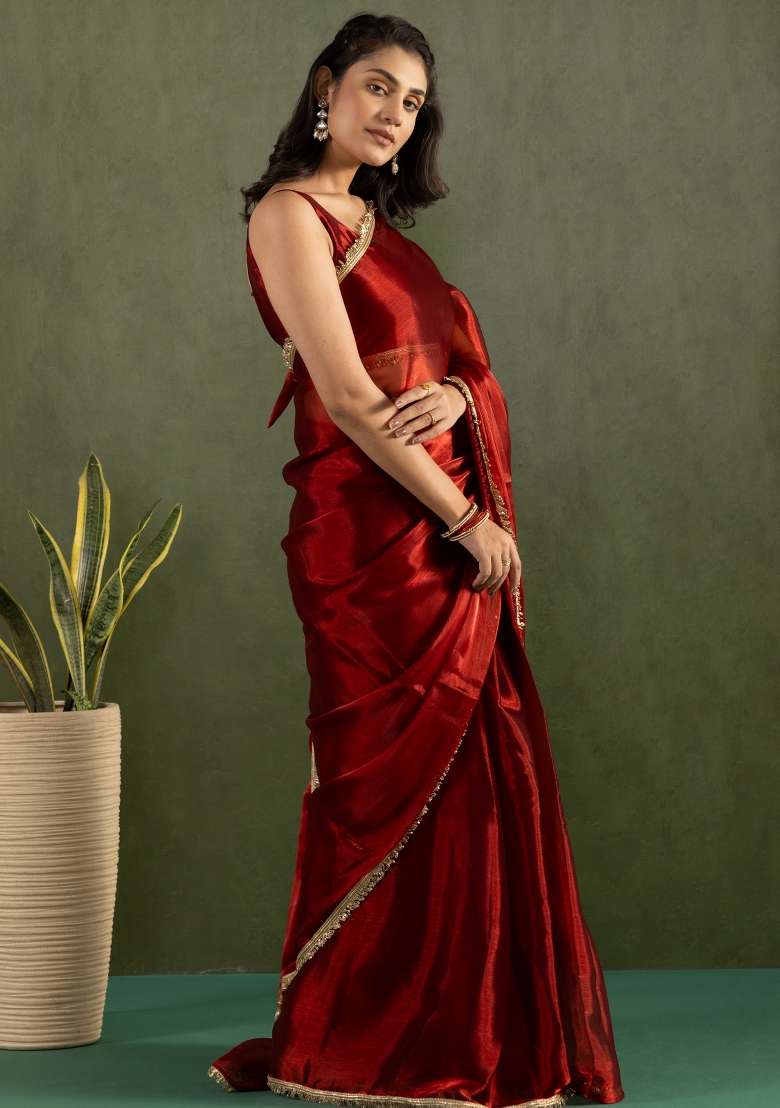 Red Chiffon Saree Set with Printed for Diwali | Wedding & Festive Wear - Indya