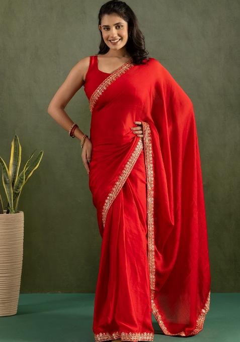 Red Printed Chiffon Saree Set