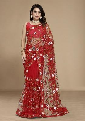 Red Embroidered Net Saree Set