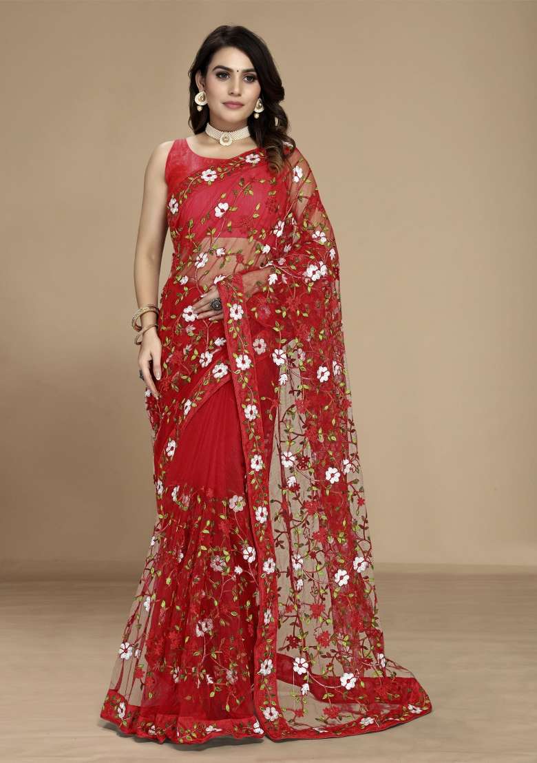 Red Net Saree Set with Embroidered for Diwali | Wedding & Festive Wear - Indya