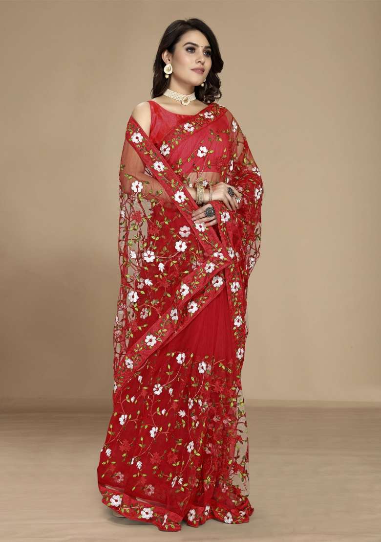 Red Net Saree Set with Embroidered for Diwali | Wedding & Festive Wear - Indya